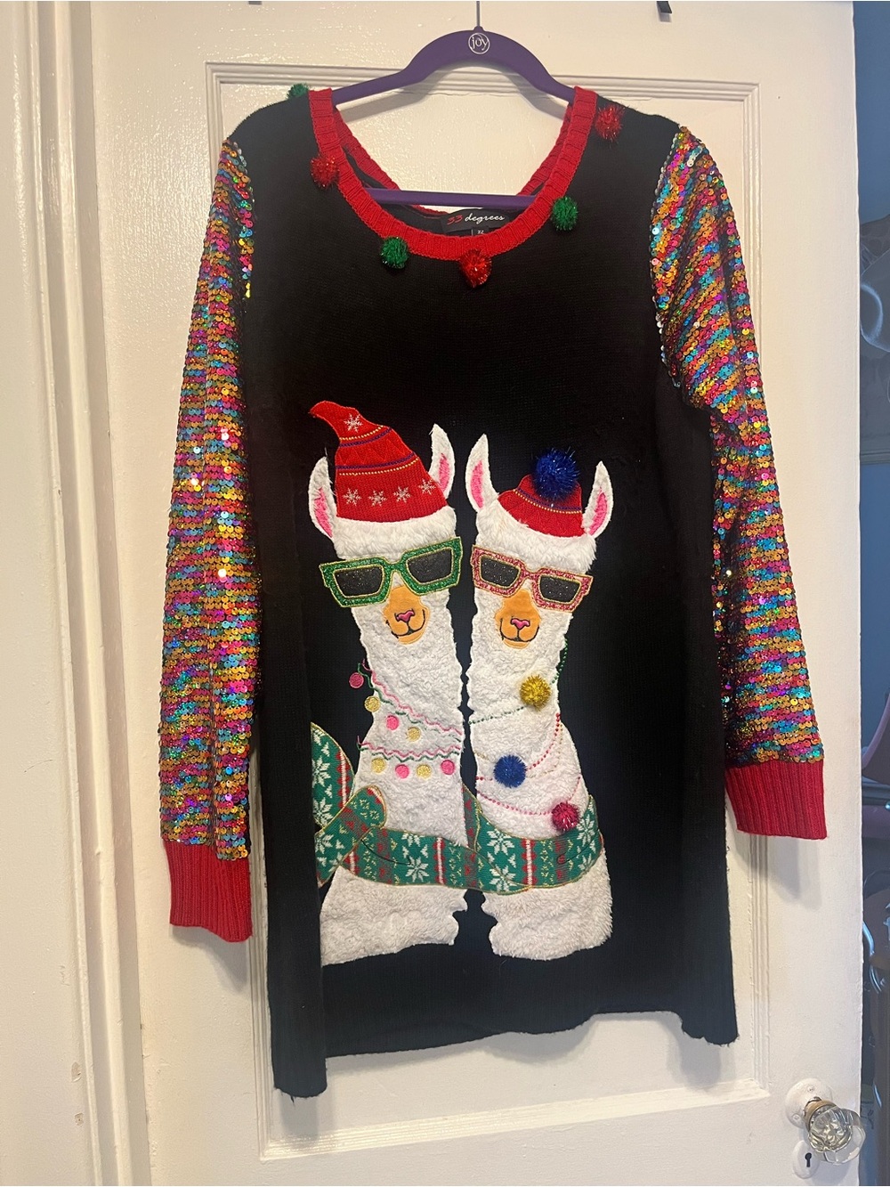 Holiday Llama Black Sequin Sleeve Ugly Sweater WB Sz XL